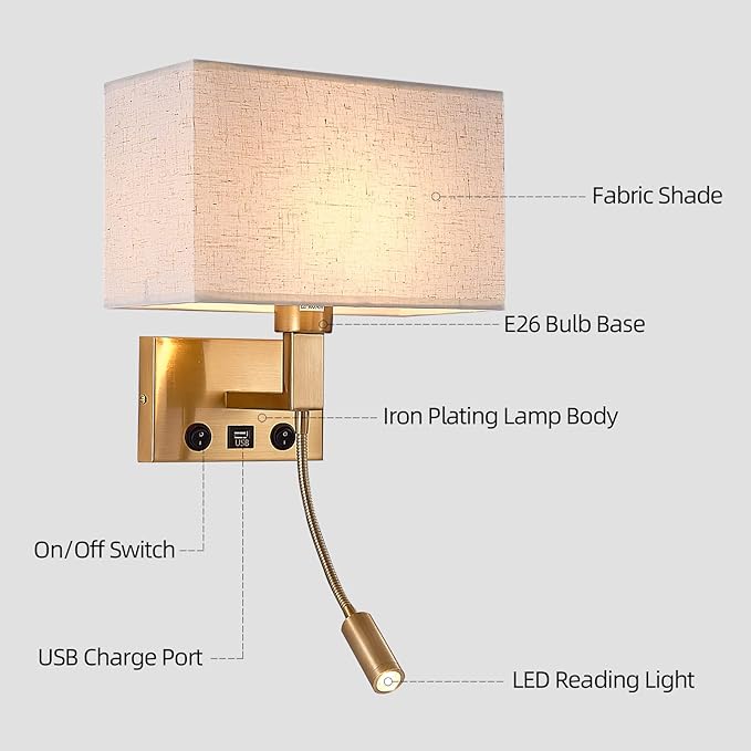 Bedroom Wall Sconces, Hardwired Wall Lamp with USB and Reading Lamp Fabric Shade Bedside Wall Lights with Reading Lamp for Bedroom Living Room Hotels Corridors (Brass)