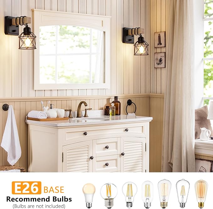 FadimiKoo Dimmable Wall Sconces Set of Two, Bedside Wall Mounted Lamp with Rotary Switch, Wooden Black Bathroom Light Fixtures with Metal Cage, Hardwired Farmhouse Wall Lights for Bedroom, Living Room