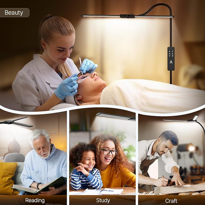 Syrinx LED Floor Lamp, 18W 2000LM Bright Floor Lamp for Office, Living Room | Focused & Wide-Area Dual Light, Flexible Neck, Eye Care, Dimmable Brightness & Color Temp, Auto Timer, Remote/Gesture Control