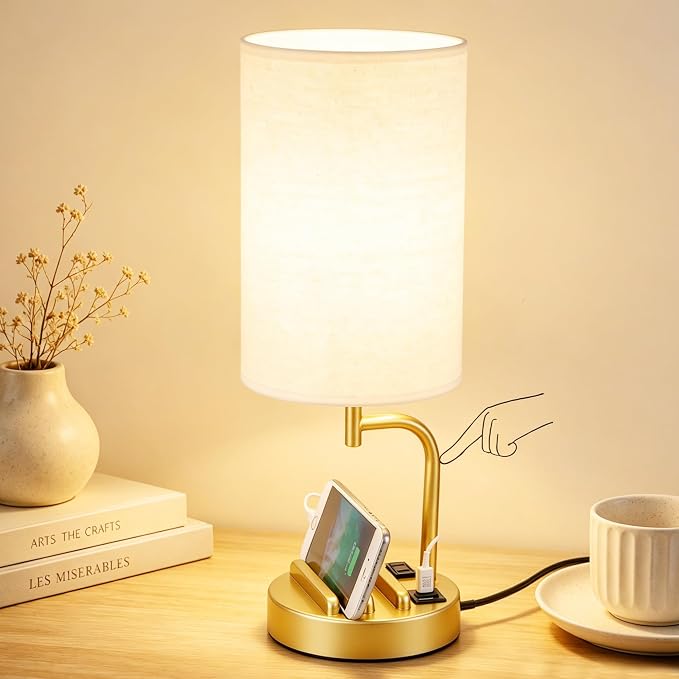 Dreamholder Touch Control USB Table Lamp with USB C/A & AC Outlet, 3-Way Dimmable Bedside Lamp, Modern Nightstand Lamps for Bedroom Living Room Guest Room Office, Bulb Included, Gold