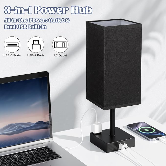 Set of 2 Black Table Lamp for Bedroom - Dimmable Touch, USB C+A, AC Outlet | 3-Way Dimming, 5000K Daylight Bulb Included, Nightstand Lamp with Square Linen Shade, Small Room Decor for Men, Boys, Desk