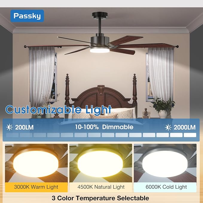Passky 60 Inch Black Contemporary Ceiling Fans with Lights, Remote Control | 3CCT dimmable light, quiet DC motor, reversible airflow; black contemporary style for bedroom and living room