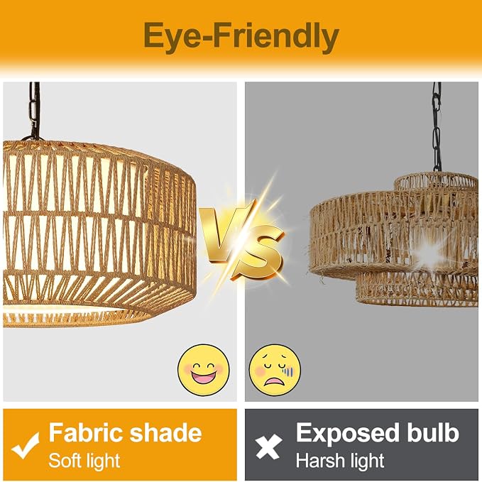 9"-52" Height Adjustable Farmhouse Chandelier Light Fixture, 1-Light Rattan Boho Chandeliers for Dining Room, Hand Woven Pendant Light with Linen Shade, Rustic Hanging Lighting for Kitchen Island