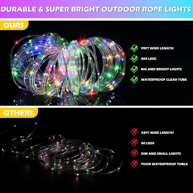 99FT Rope Lights Outdoor, 300 LED String Lights 16 Color Changing with Plug & Remote, IP68 Waterproof Twinkle Christmas Lights for Indoor Bedroom Patio Garden Party Holiday Decorations