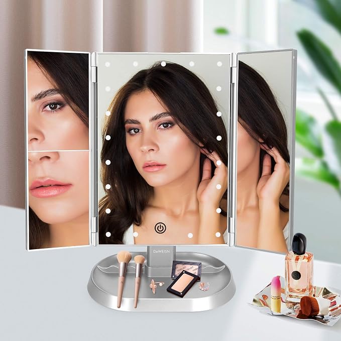 Trifold Lighted Vanity Makeup Mirror with 21 LED Lights,1/2/3 Magnification and Dimming,Two Power Supplies Makeup Mirror,Gift for Women