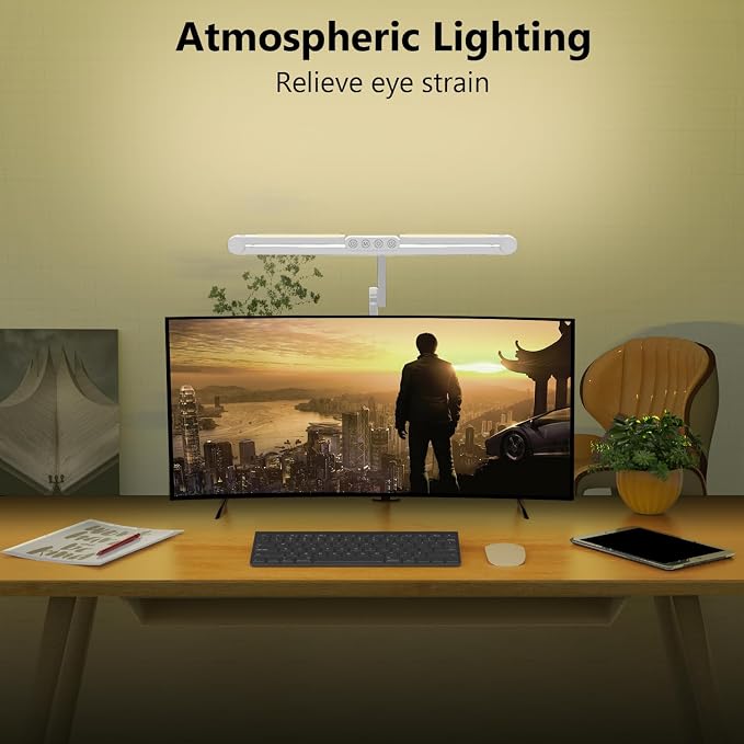 Architect Desk Lamp with Clamp, Led Desk Lamp for Home Office with Remote Control, 24W Bright Dimmable Computer Light with Atmosphere Lighting Adjustable Table Light(Remote)