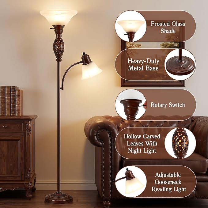 70" Floor Lamp with Night Light, Gooseneck Reading Light, Bulb Included | Torchiere Floor Lamps for Living Room, Vintage Standing Lamp for Bedroom, Retro Floor Lamp with Rotary Switch, Glass Shade