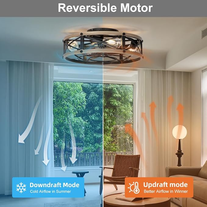 SHLUCE 19" Farmhouse Caged Flush Mount Ceiling Fan with Light, Rustic Fandelier Bladeless Ceiling Fans with Lights and Remote, Small Low Profile Ceiling Fan with Light for Kitchen, Bedroom - ETL