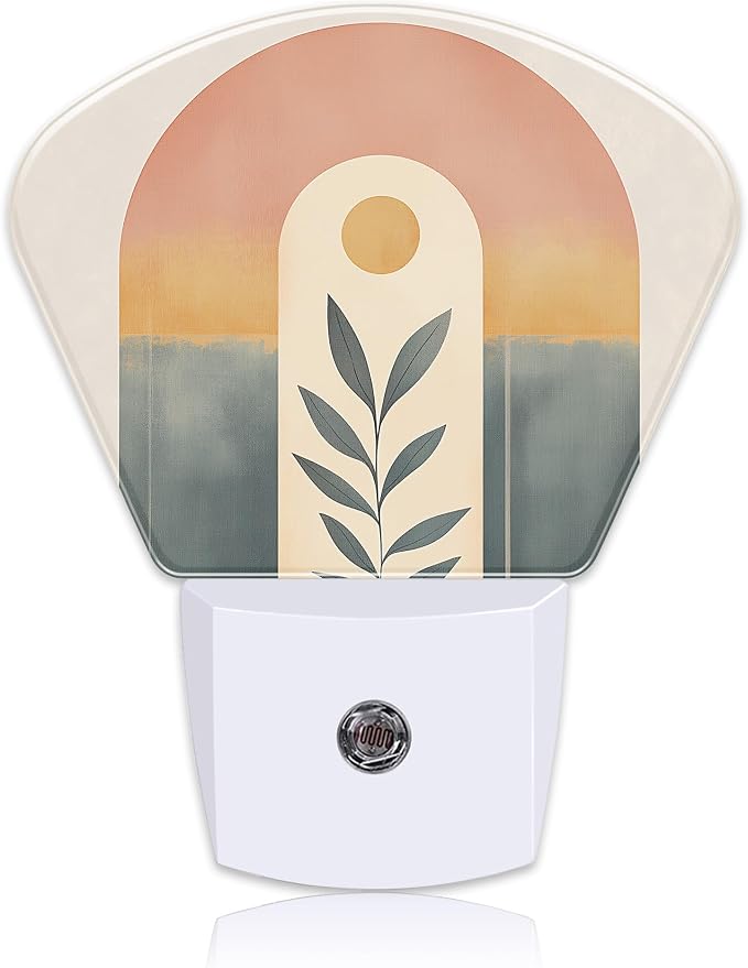 Abstract Art Boho Sun Night Light Plug into Wall, Bohemian Line Leaves Night Light with Dusk to Dawn Sensor for Kid Girls Boys Women Men Room, Hallway, Kitchen, Bathroom, Stairs Decor