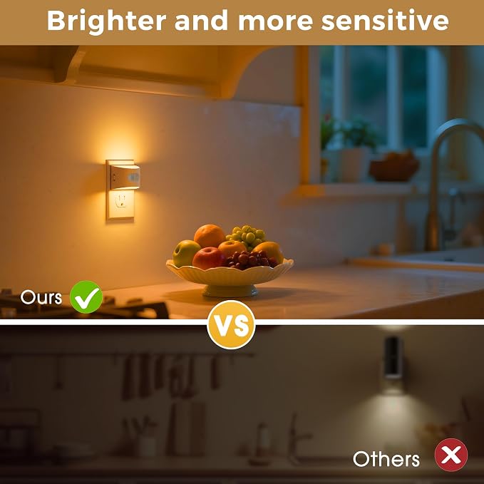 L LOHAS LED Motion Sensor Night Light, Night Lights Plug into Wall, Amber | Plug in Night Light with Dusk to Dawn Sensor, 30-100lm Adjustable Brightness, White Housing 2 Pack