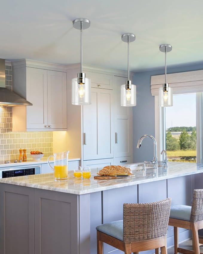 Chrome Pendant Lights Kitchen Island - Clear Glass Pendant Light Fixture Multiple Stems Rods 3 Units 12 Inch 3 Units 4 Inch (1 Pack Chrome Downrod)