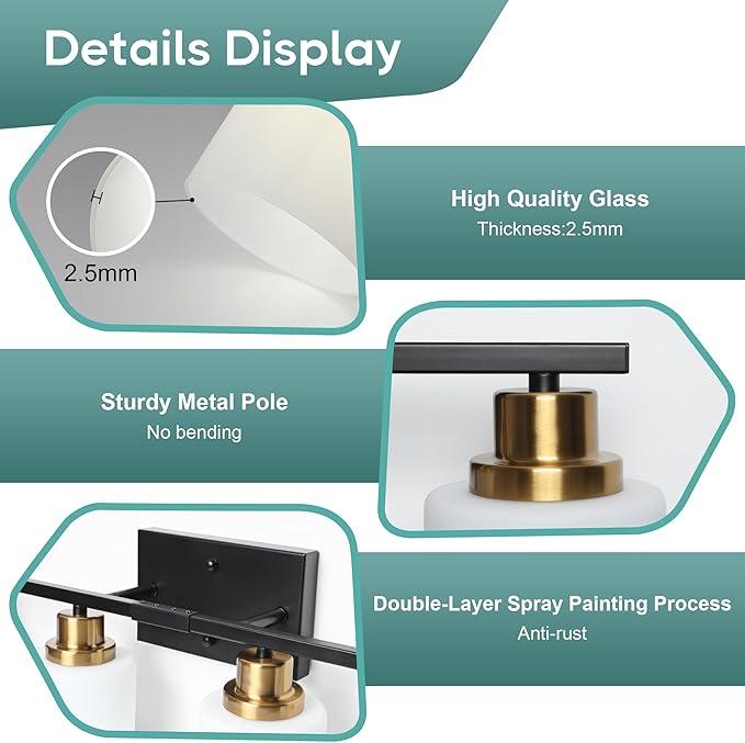 Ascher Bathroom Light Fixtures, 4-Light Vanity Light Over Mirror, Black and Gold Wall Sconces with Milky White Frosted Glass Shades, Wall Lamp for Living Room Bedroom, E26 Base(Bulbs Not Included)