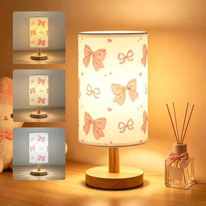 Pink Bow Table Lamp,Kids Bedside Lamp for Bedroom Girls Decorative Lights 3 Colors Nightstand Night light with Linen Lampshade Desk Lamp for Boys Girls Birthday Gifts for Home Office Living room Decor