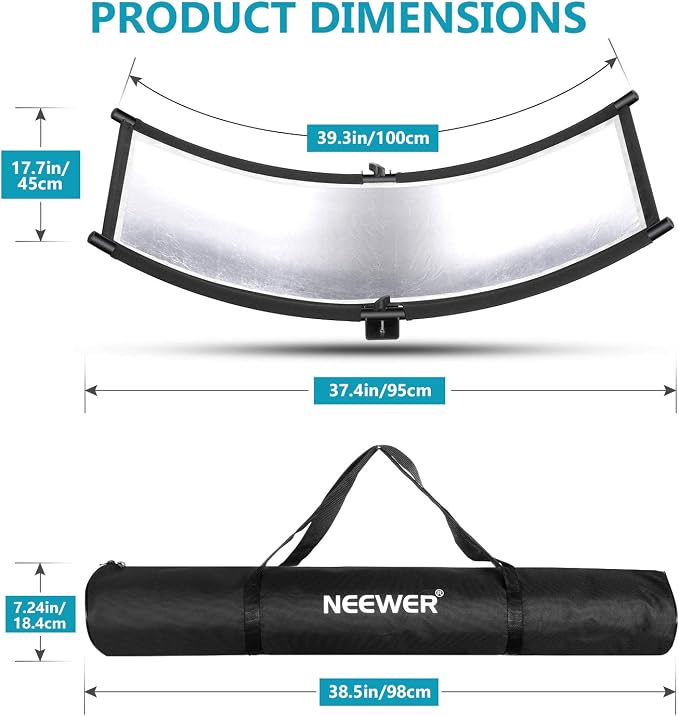 Neewer Clamshell Light Reflector Diffuser with Carrying Bag, 39”×18”/100x45cm Photography Curved Lighting Reflector for Photo Studio Photography, Black/White/Gold/Silver Colors (Stand Not Included)