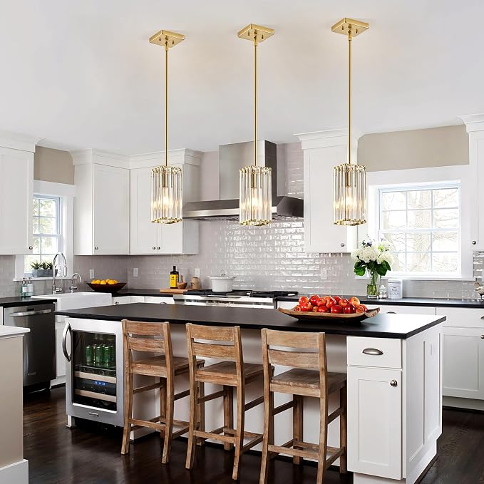 Modern Crystal Pendant Lights Kitchen Island, 1-Light Brushed Gold Hanging Light with Clear Crystal Shade, Adjustable Height Pendant Lighting for Kitchen Island Dining Room Bedroom Bar Entryway
