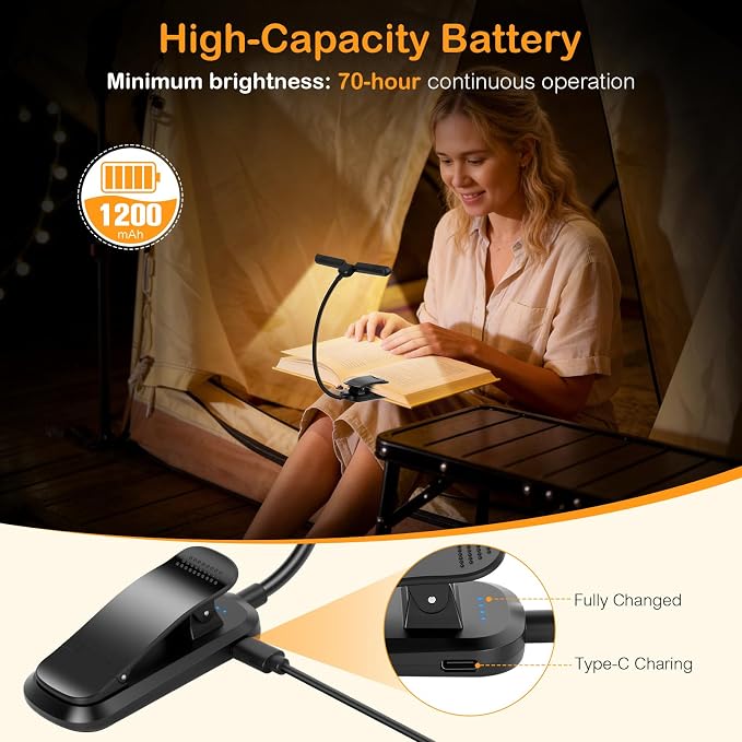 18 LED Rechargeable Book Light for Reading in Bed, Reading Light for Night | Eye Caring 3 Color Temps, Stepless Dimming, Brightness Memory, 70 Hrs Runtime, Clip on Light for Book Lovers Gift, Black