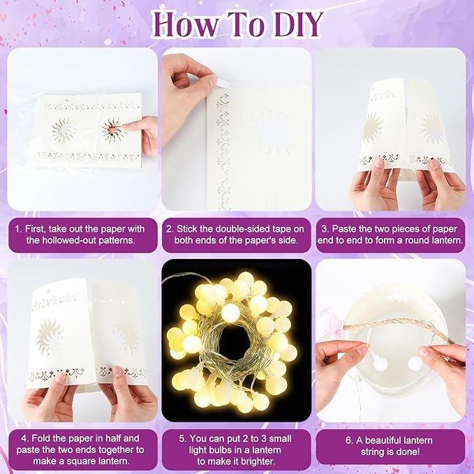 20 Pack Princess Sun Hanging Lanterns with LED Light Purple Princess Hanging Paper Lanterns DIY Set Sun Cutout Square Round Decorations for Photo Props Birthday Party (White)