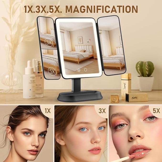Rechargeable Lighted Makeup Mirror with 1X/3X/5X Magnification, Professional 3-Color LED Trifold Vanity Mirror, Smart Memory, Type-C Charging, Portable Beauty Mirror for Travel, Idea Gifts - Black