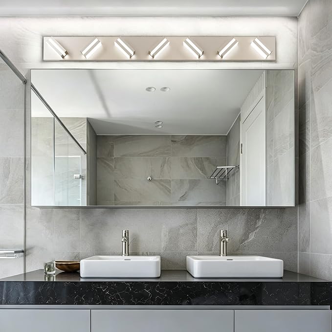 Bathroom Lights Fixtures Over Mirror, 360°Rotate Modern LED Vanity Lights for Bathroom, 56W Dimmable & High CRI Acrylic Wall Lighting, No Assembly Required (Brushed Nickel, 7-Light, 42 Inch)