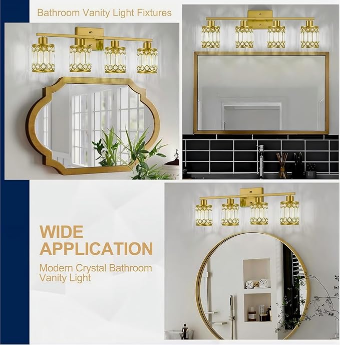 Crystal Modern Bathroom Light Fixtures, 4-Light Brushed Gold Bathroom Vanity Wall Light, Vanity Lights for Mirror, Restroom, Bedroom (E26 Socket, Bulbs Not Included)