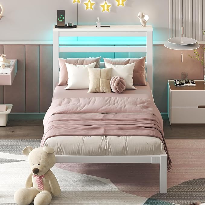 LOEWAY Twin Size Metal Bed Frame with Storage Headboard & LED Lights, White | Built-In Charging Station, Under-Bed Storage, Heavy Duty Metal Slats, No Box Spring Needed, Solid and Stable, Easy Assembly