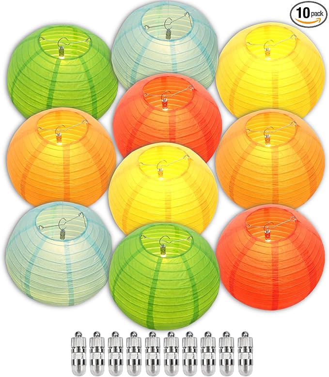 Chinese Paper Lanterns - Pack of 10, 10-Inch Colorful Hanging Lights for Birthday Party Decorations, Ceiling Decor, Rainbow Classroom, Wedding, and Home Party