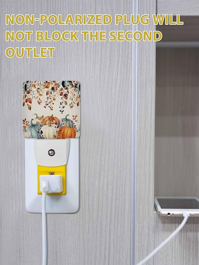 Fall Night Lights Plug into Wall LED Night Light Thanksgiving Watercolor Pumpkin Leaf Vintage Automatic Dimmable Dusk-to-Dawn Square Shaped Smart Nightlight for Bathroom/Bedroom