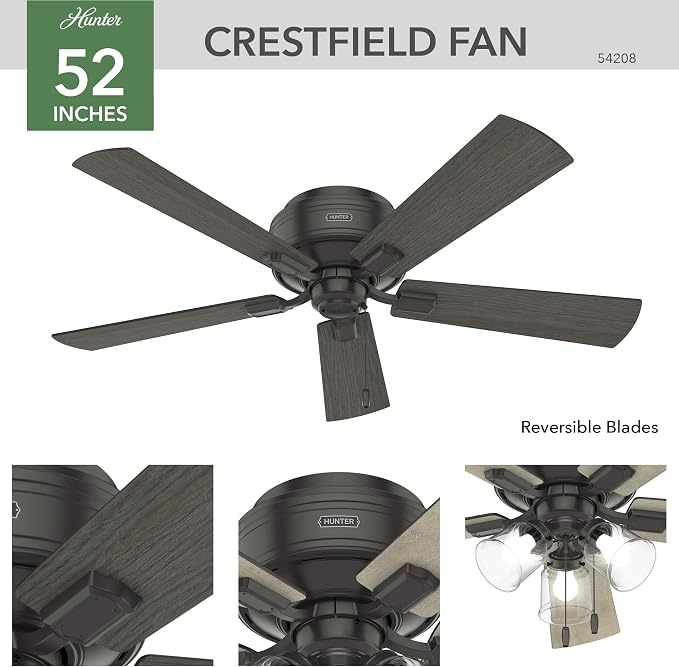 Hunter Crestfield, Indoor, Ceiling Fan, Quiet, 52 inch, Noble Bronze | with LED Lights and Pull Chain, Low Profile Flush Mount, 5 Blades, For Bedroom, Living Room, Kitchen, 54208