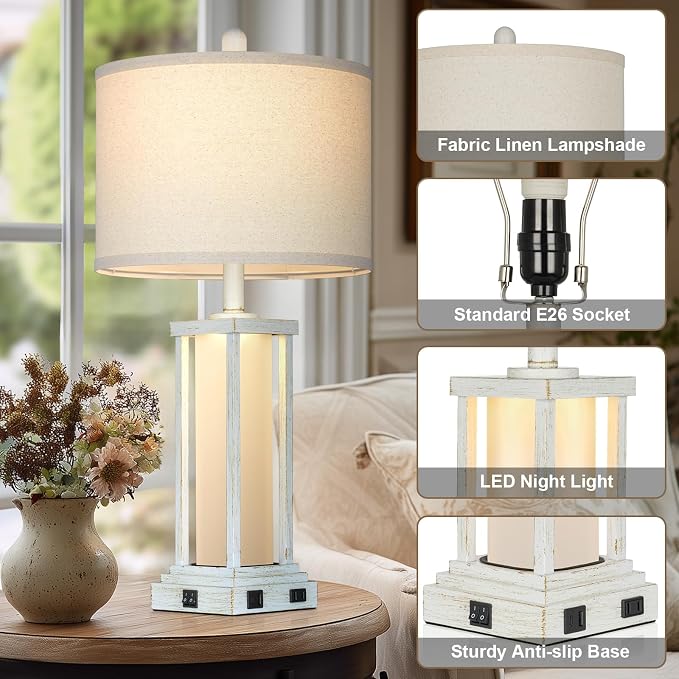 27" Tall Vintage Table Lamp Set of 2 with USB C+A & Outlet,Nightstand Lamp for Living Room,Bedside Lamps with Frosted Glass Night Light for Bedroom Entryway,White