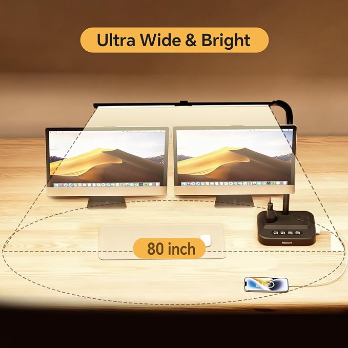 LED Desk Lamp for Home Office: Desk Light Double Head Adjustable with Power Strip 2 AC Outlets, USB-C USB-A Charging Ports Surge Protection, Foldable Table Lamp for College Dorm Room Essentials