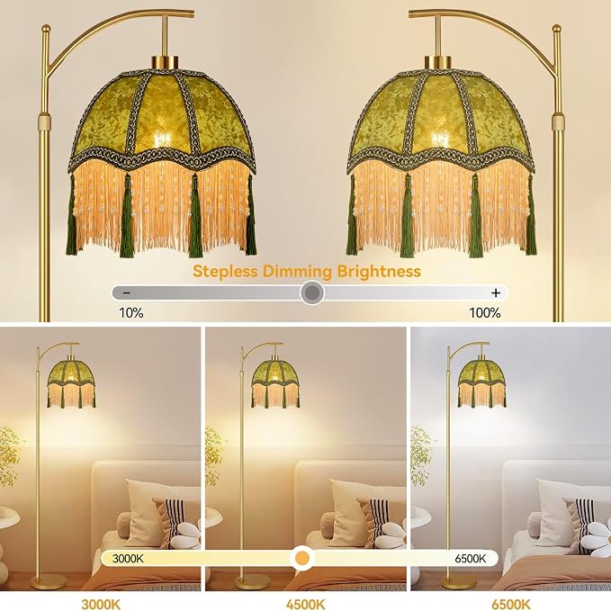 Vintage Floor Lamps for Living Room Boho Rustic Floor Lamp with Remote Control & 3 Color Temperature,Dimmable Gold Floor Lamp Mid Century Modern Standing Lamp Fringe Green Tall Floor Lamp For Bedroom