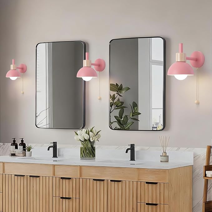 1-Light Nordic Bathroom Wall Sconce with Pull Chain Switch, Modern Vanity Wall Lamp, Bedside Wall Lights for Mirror Kitchen Living Room Hallway Cabinet Porch(Pink)