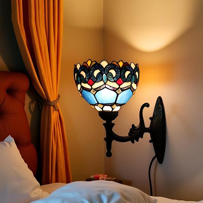 Tiffany Sconce Lamp Stained Glass Wall Lamp,8X10.5X11 Inch Plug in Wall Bedside Light for Hallway Bedroom (Blue Baroque)