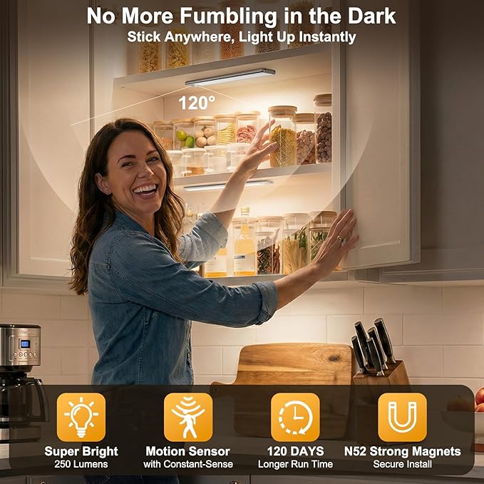 Motion Sensor Light Indoor, 80 LED Under Cabinet Lighting Battery Operated with 3 Color Temps, 1800mAh Rechargeable Closet Lights Wireless for Kitchen, Pantry, Stair (2 Pack)