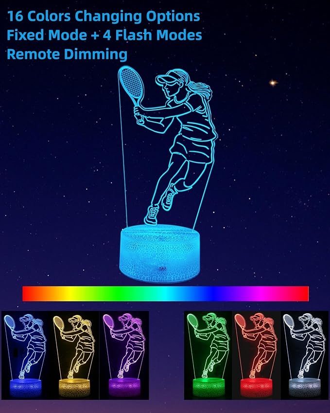 Tennis 3D Illusion Night Light Gift for Girls, 16 Colors Changing | Dimmable, Touch & Remote Control, Room Bedroom Décor, Birthday Christmas Kid Teen Women Ball Player Sport Fan Lamp