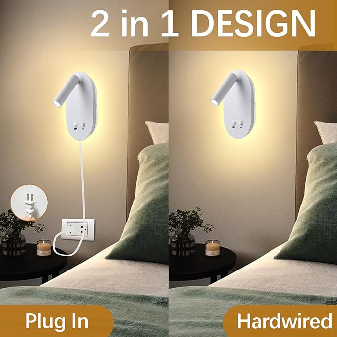 Wall Lamp Plug in Hardwired 2 in 1 Wall Sconces, Wall Mounted Reading Light with USB Type C Ports, Adjustable Bedside Headboard Spotlight, Bedside Lamp with 9W+3W Night Light 3000K (White)