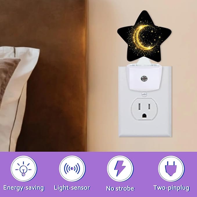 Gold Moon Night Light for Kids,Black Glitter Night Lights Plug Into Wall, Lightweight Dusk to Dawn Light Sensor Warm Nightlights for Girls Boys Bedroom Nursery Basement