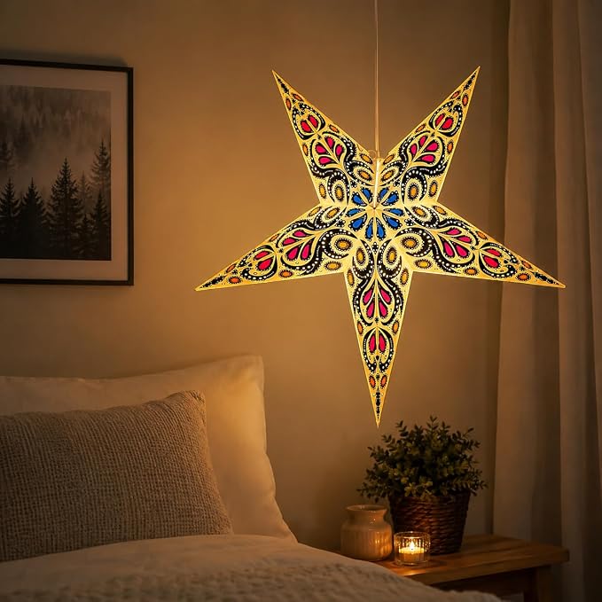 Lantern Lampshade Paper Star Light Shades Large 60cm Hanging Decorations for Christmas Wedding Home Decoration Birthday Party Foldable 5 Pointed Star (White, Black, Blue, Maroon)