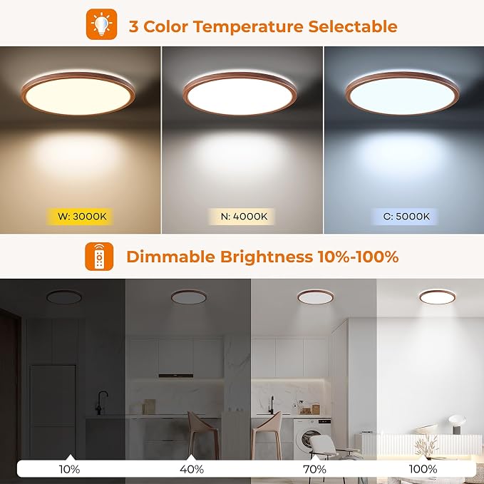 Matane Motion Sensor LED Ceiling Light with Remote, 12 Inch Wired Flush Mount Light 3000K 4000K 5000K, 2400LM Dimmable Motion Sensor Light Indoor for Closet Hallway Laundry Stairs Walnut