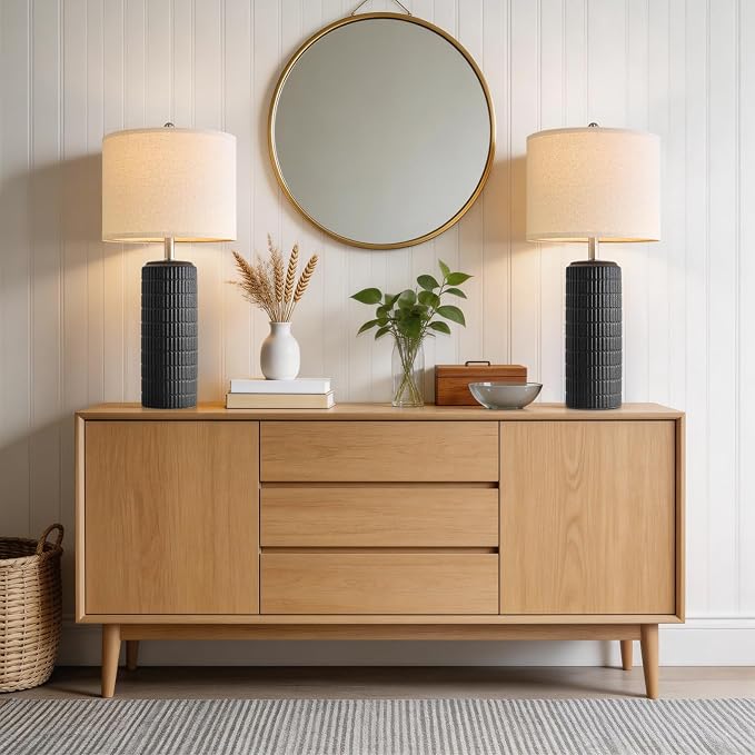 PoKat 27.5'' Tall Table Lamps Set of 2 for Living Room, Matte-Textured Farmhouse Ceramic Bedside Lamps for Bedroom, Modern Nightstand Lamps for Office Sideboard Hallway Home Decor, Matte Black
