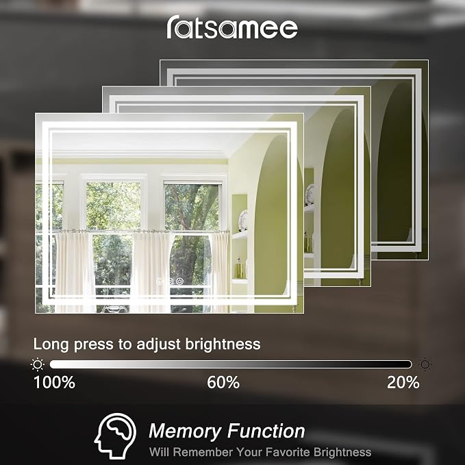 Ratsamee 48x36 Inch Led Mirror for Bathroom with Front Light and Backlit, Bathroom Mirror with Led Lights, Vanity Mirror with Lights for Wall, Anti-Fog, Dimmable, Memory Function, Tempered Glass