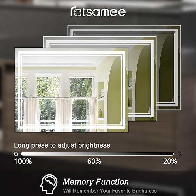Ratsamee 55x30 Inch Led Mirror for Bathroom with Front Light and Backlit, Bathroom Mirror with Led Lights, Vanity Mirror with Lights for Wall, Anti-Fog, Dimmable, Memory Function, Tempered Glass