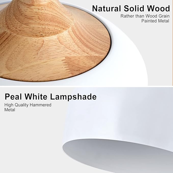 Modern Solid Wood Pendant Light,Ceiling Hanging Lamp with Dome Metal Shade,Adjustable Light Fixture for Kitchen Island,Dining Room- White
