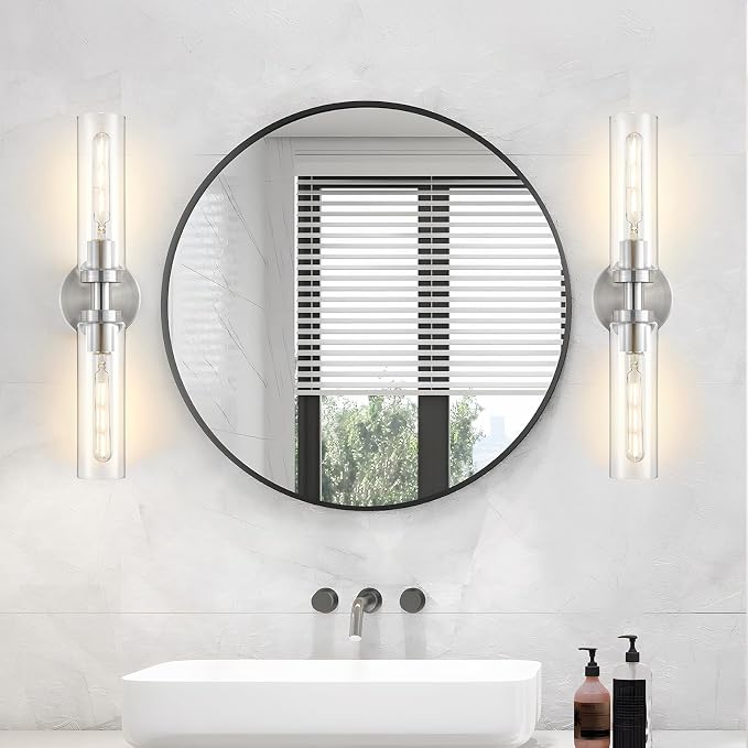 Lanhall 2 Light Bathroom Wall Sconces Set of 2,Modern Farmhouse Brushed Nickel Bathroom Light Fixture Over Mirror with Clear Glass Shade,Vanity Light for Hallway Cabinet Bedroom Stairway Porch