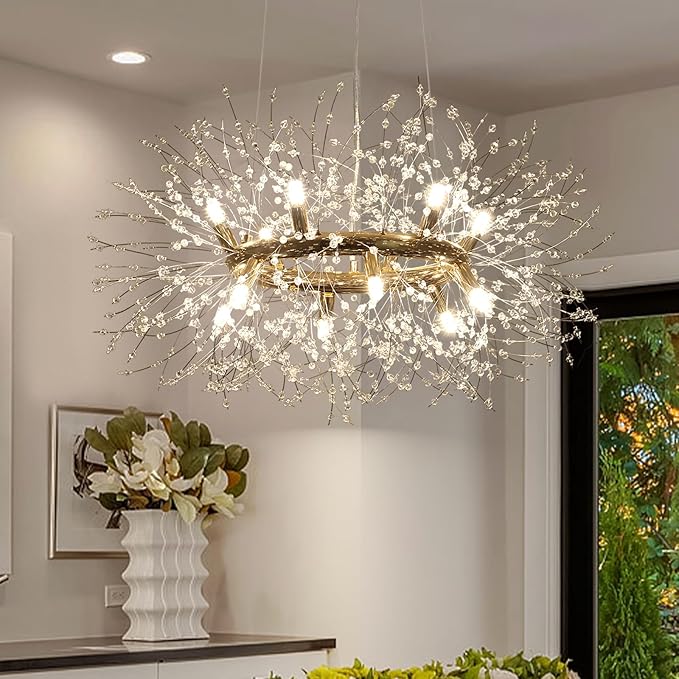 Dandelion Chandelier, 12-Light Gold Firework Crystal Chandelier, Round Dining Room Light Fixture Hanging Light for Entryway Foyer (Bulb Included)