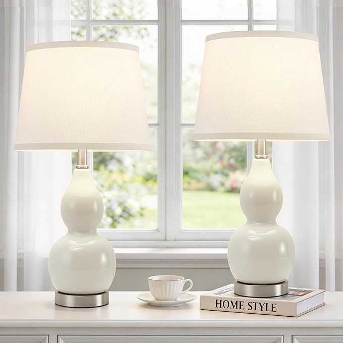 GyroVu 22" Table Lamp Set of 2, Color Temperature Adjustable Double Gourd Ceramic Lamps Classic Nightstand Table Lamps for Bedroom Beside Lamps for Living Room, Cream-Bulbs Included