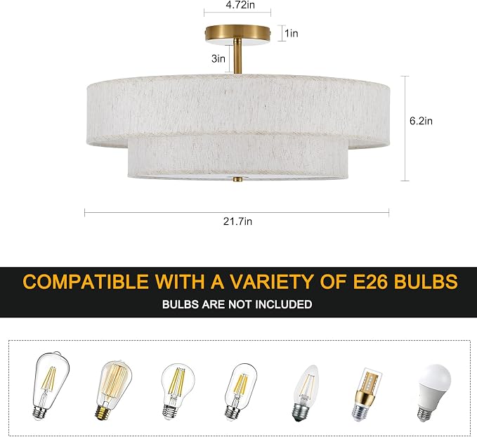 Modern Semi Flush Mount Ceiling Light 21.7" Modern Gold 4-Lights Drum Ceiling Lighting Fixture Vintage Linen Golden Ceiling Lamp for Laundry Room, Kitchen, Living Room, Dining Room, Bedroom