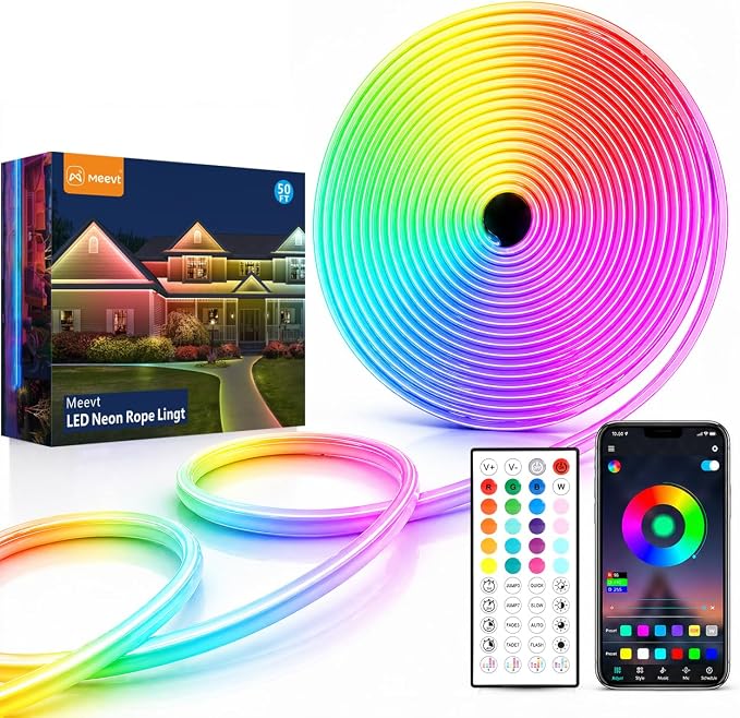 Neon Rope Light 50FT, Flexible RGB Neon LED Strip, IP65 Waterproof | Control with App/Remote, Multi Modes, Music Sync LED Rope Lights for Bedroom, Game room, Party, Patio, Indoor Outdoor Decor