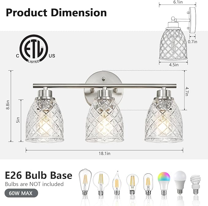 3-Light Bathroom Light Fixtures, Brushed Nickel Vanity Lights Over Mirror | Modern Farmhouse Wall Sconces with Hammered Glass Lampshade for Kitchen Hallway Bedroom Living Room Cabinet Porch-18.1IN