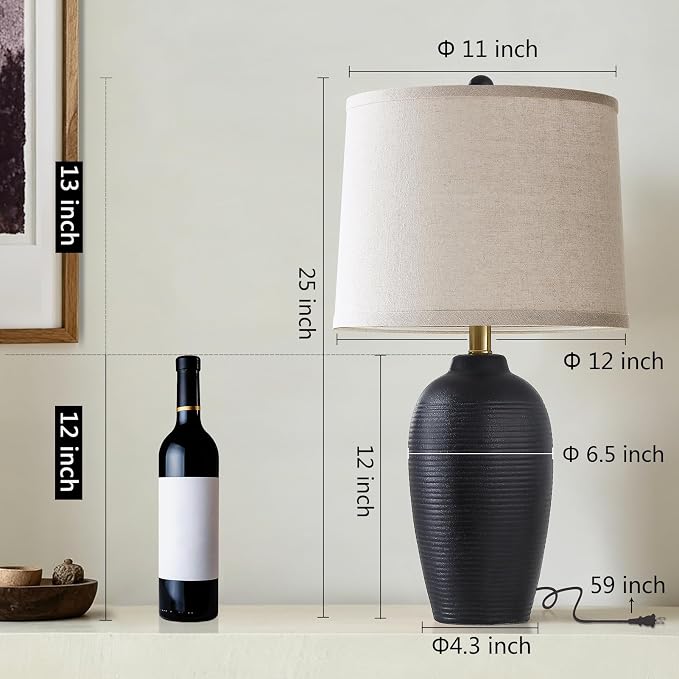 AIEAMPDO 25" Retro Vintage Ceramic Table Lamp for Living Room Bedroom | Farmhouse Rustic Black Bedside Lamp with Natural Textured Finish, Nightstand Lamps for End Table, Bulb Included